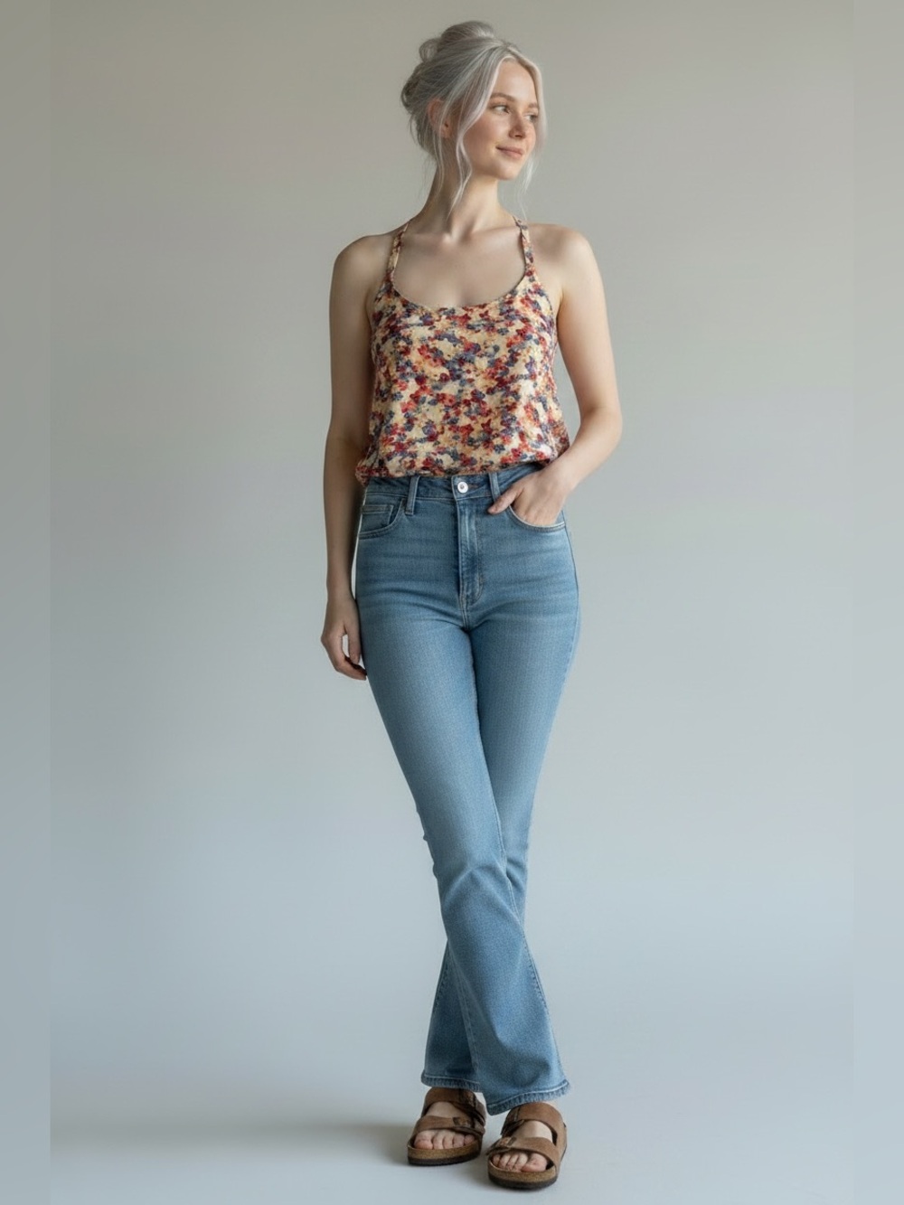 Soprano Multicolor Floral Scoop Neck Cami - Red, Blue, Cream